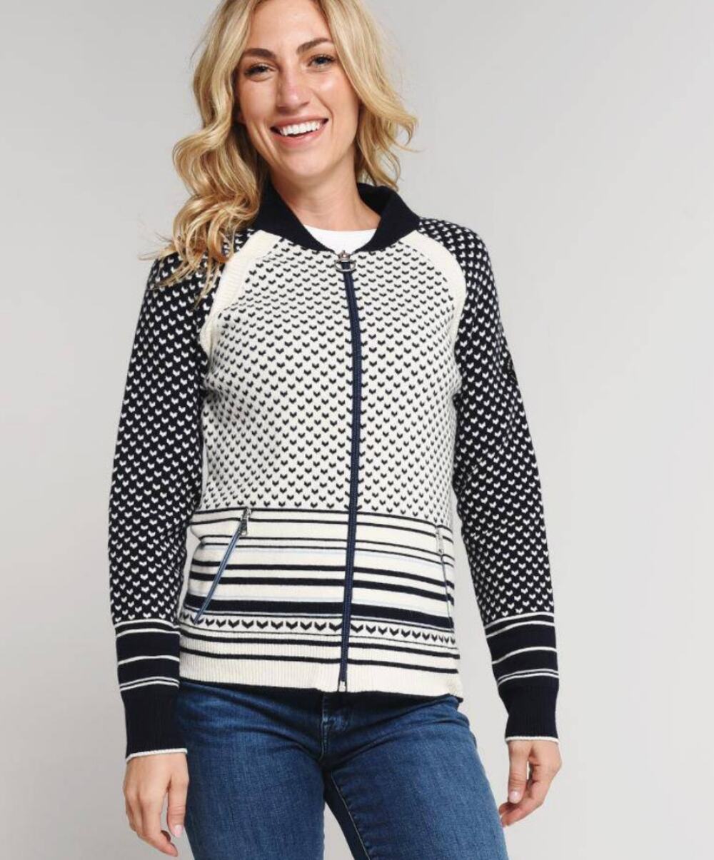 Obermeyer Belletex XL Full Zip Sweater Nordic Fair Isle Navy White Bomber Jacket